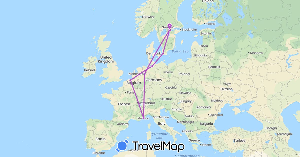 TravelMap itinerary: driving, train in Belgium, Germany, France, Sweden (Europe)